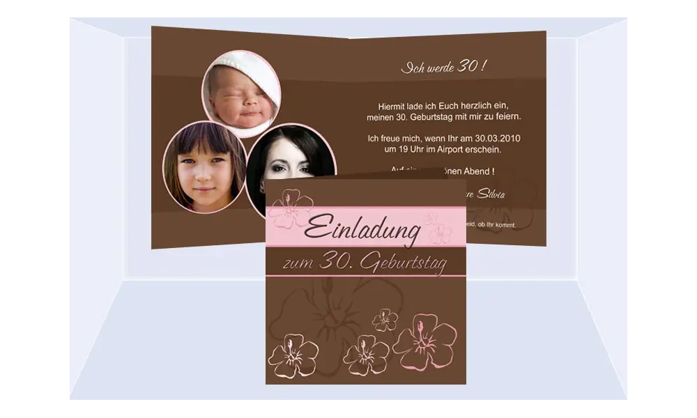 Einladung 40. Geburtstag, Klappkarte 12,5x12,5 cm, braun rosa