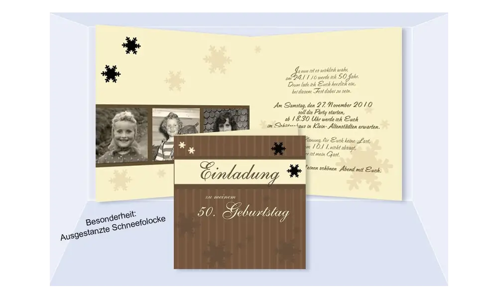 Einladung 50. Geburtstag, Klappkarte 12,5x12,5 cm, braun creme