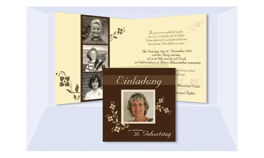Einladung 50. Geburtstag, Klappkarte 12,5x12,5 cm, braun creme
