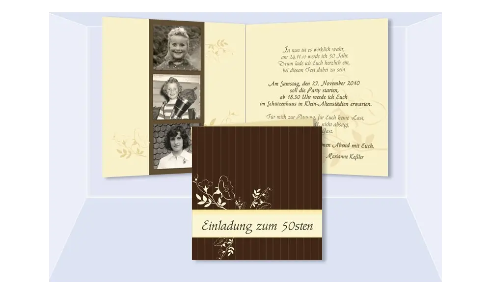 Einladung 50. Geburtstag, Klappkarte 12,5x12,5 cm, braun creme