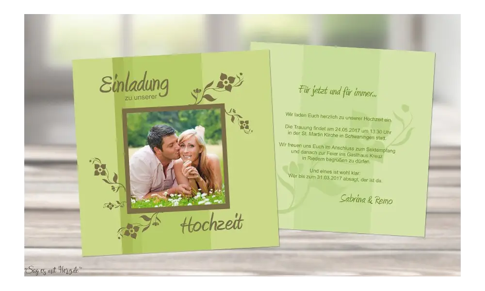 Einladungskarte Hochzeit grün, quadratisch