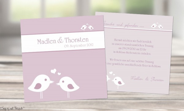 Einladungskarte Hochzeit Vogelchen Quadrat Flieder