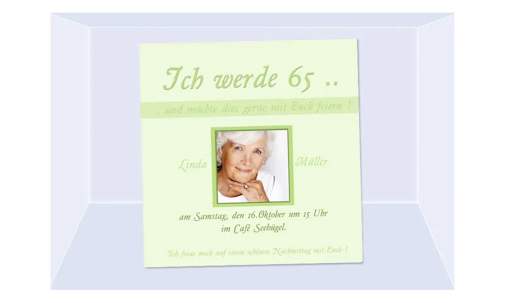 Einladung 65. Geburtstag, Fotokarte 10x10 cm, hellgrün