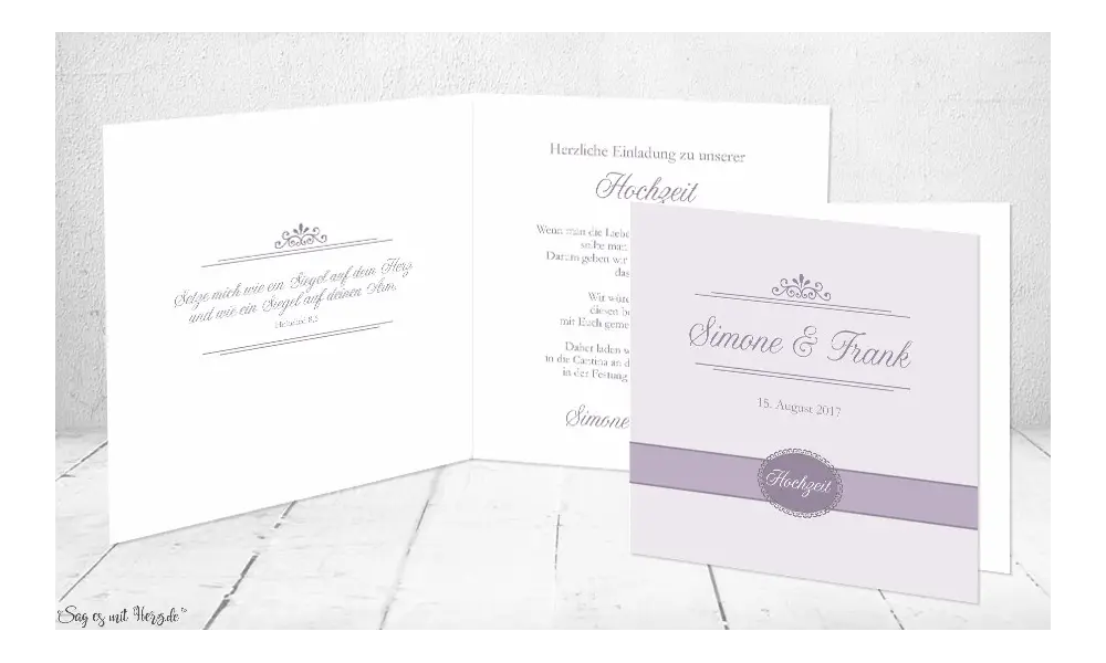 Einladungskarte Hochzeit flieder Klappkarte Quadrat
