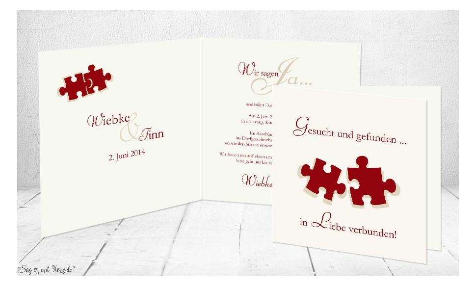Klappkarten personalisiert 53 rot quer Einladungskarten Hochzeit Puzzle 