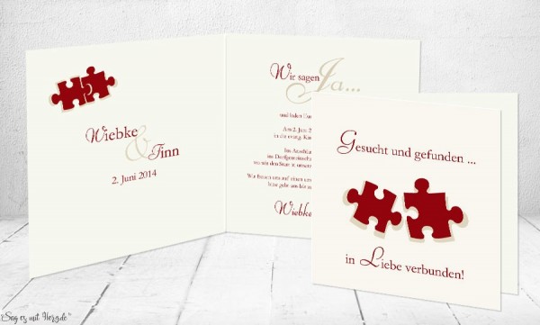 Klappkarten personalisiert Puzzle Einladungskarten Hochzeit 53 rot quer
