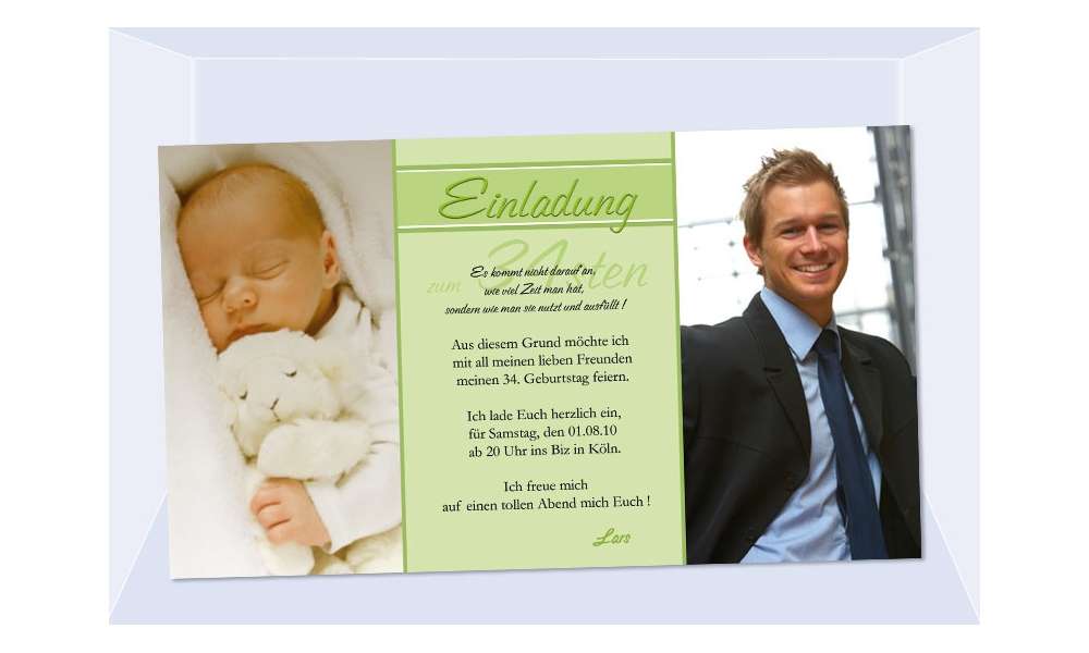 Einladung 34. Geburtstag, Fotokarte 10x18 cm, grün Einladung 34. Geburtstag, Fotokarte 10x18 cm, grün