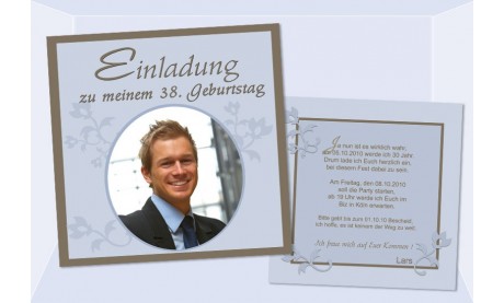 Einladung 38. Geburtstag, Flachkarte 12,5x12,5 cm, braun hellblau