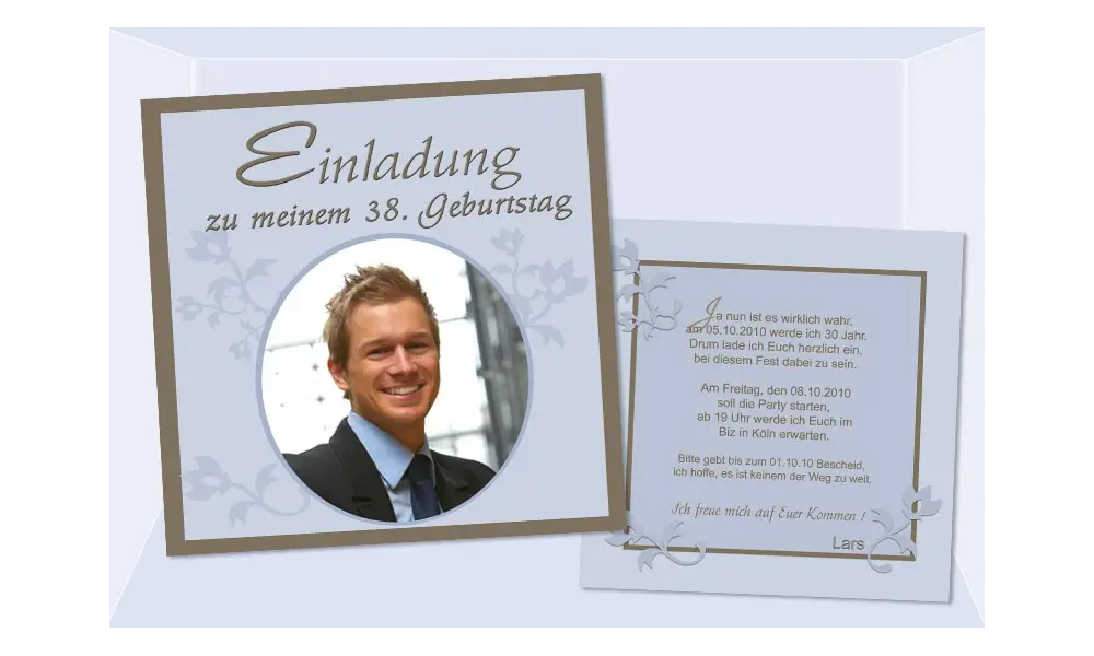 Einladung 38. Geburtstag, Flachkarte 12,5x12,5 cm, braun hellblau