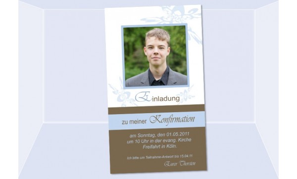 Einladung Kommunion / Konfirmation, Einladungskarte, 10x18 cm, braun hellblau