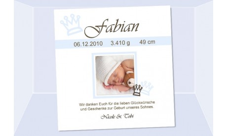 Danksagung Geburt "Fabian", Geburtskarte, 10x10 cm, hellblau