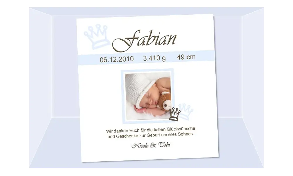 Danksagung Geburt "Fabian", Geburtskarte, 10x10 cm, hellblau