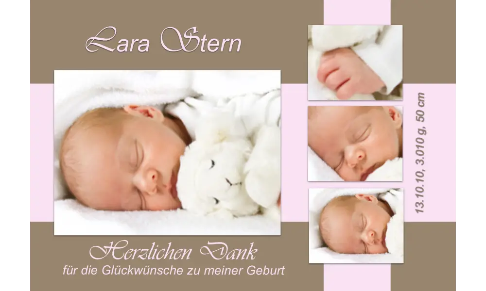 Danksagung Geburt "Lara", Geburtskarte, 10x15 cm, braun rosa