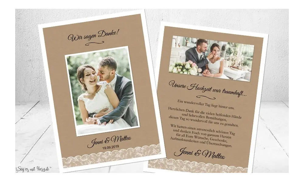 Dankeskarten Hochzeit Vintage Spitze Kraftpapier