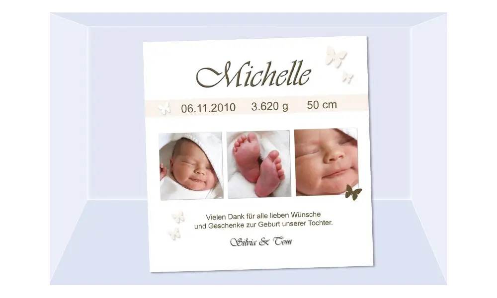 Danksagung Geburt "Michelle", Geburtskarte, 10x10 cm, creme