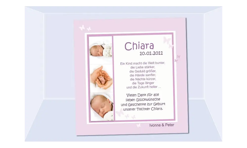 Danksagung Geburt "Chiara", Geburtskarte, 10x10 cm, rosa