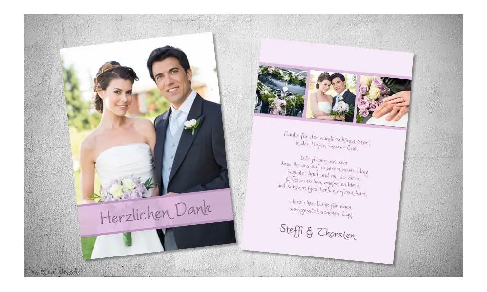 Dankeskarten Hochzeit Fotostreifen Flieder