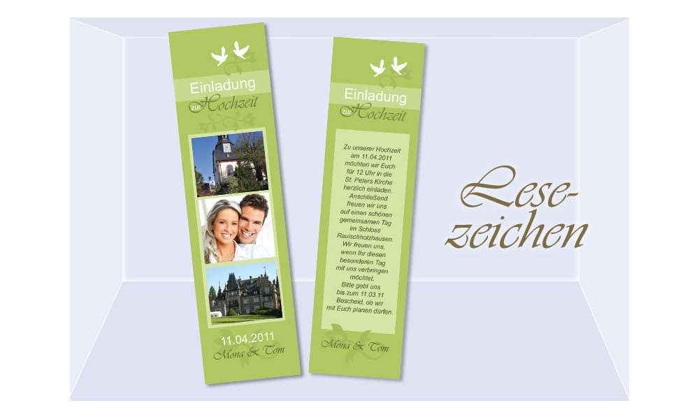 Lesezeichen Einladung Hochzeit, 5x20 cm, grün Lesezeichen Einladung Hochzeit, 5x20 cm, grün