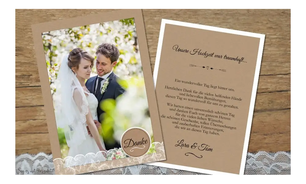 Dankeskarten Hochzeit Postkarte Kraftpapier, Spitze und Button