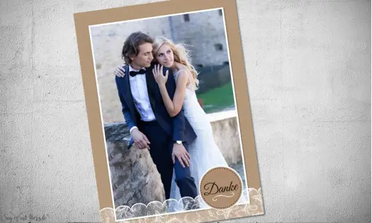 Dankeskarten Hochzeit Postkarte Kraftpapier, Spitze und Button