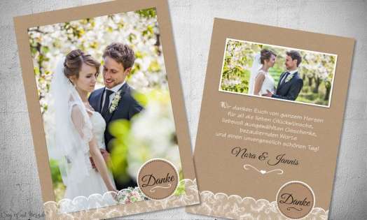 Dankeskarten Hochzeit Postkarte Kraftpapier, Spitze und Button