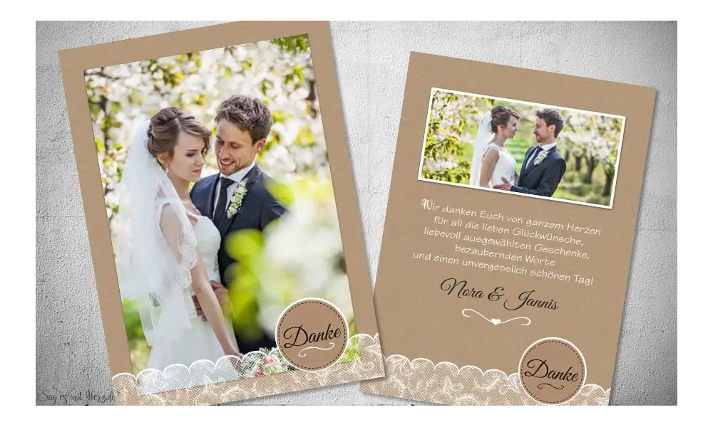 Dankeskarten Hochzeit Postkarte Kraftpapier, Spitze und Button