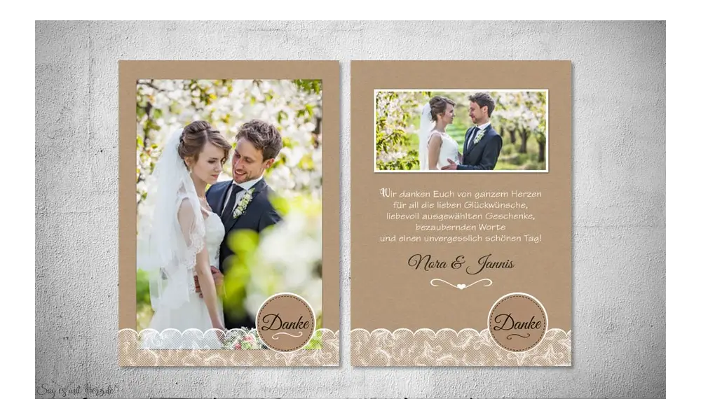 Dankeskarten Hochzeit Postkarte Kraftpapier, Spitze und Button