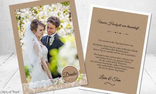 Dankeskarten Hochzeit Postkarte Kraftpapier, Spitze und Button