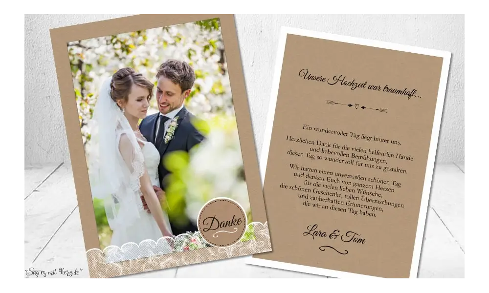 Dankeskarten Hochzeit Postkarte Kraftpapier, Spitze und Button