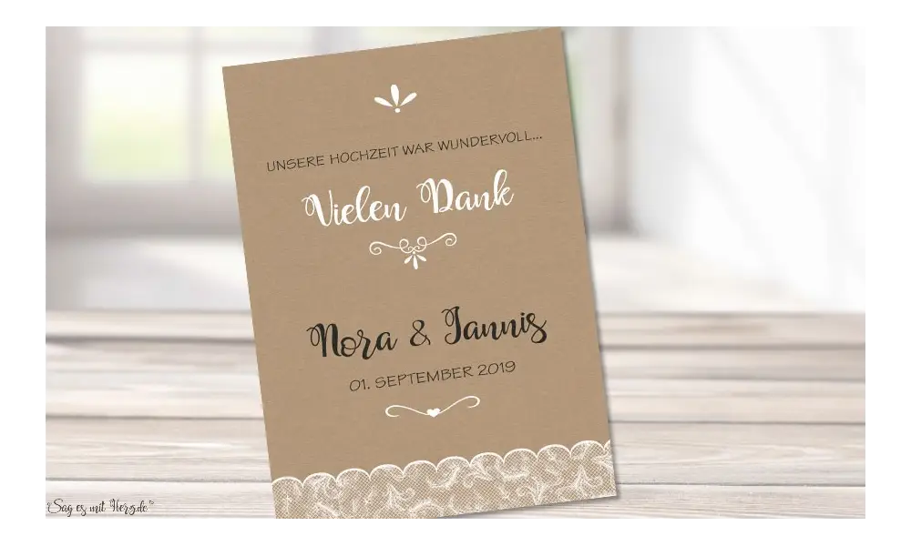 Dankeskarten Hochzeit Kraftpapier, Spitze