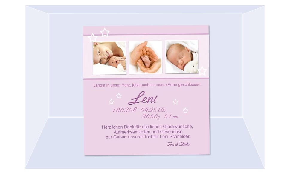 Danksagung Geburt "Leni", Geburtskarte, 10x10 cm, rosa