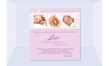 Danksagung Geburt "Leni", Geburtskarte, 10x10 cm, rosa