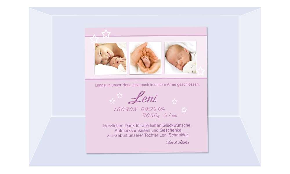 Danksagung Geburt "Leni", Geburtskarte, 10x10 cm, rosa Danksagung Geburt "Leni", Geburtskarte, 10x10 cm, rosa