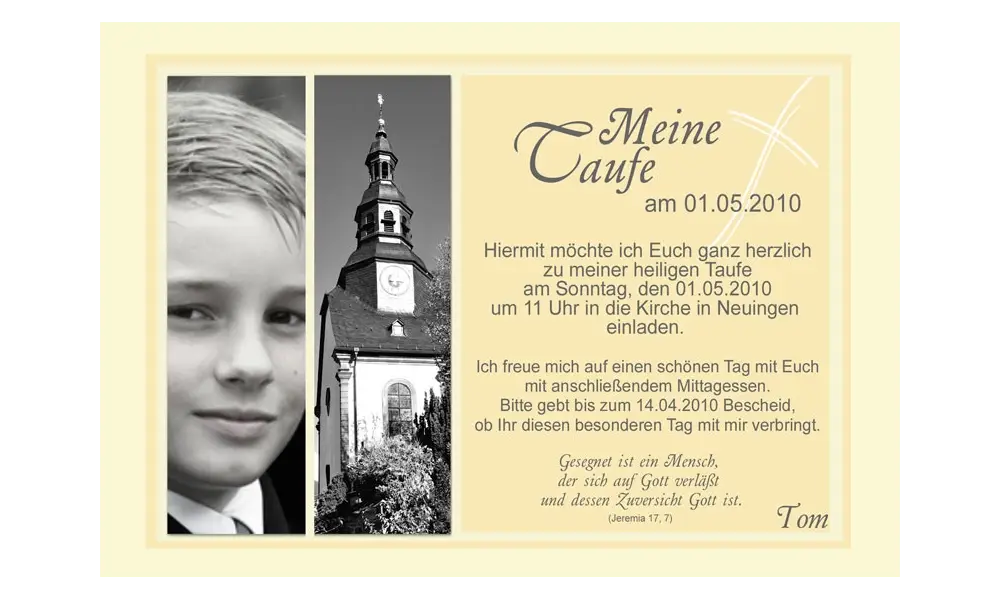 Einladung Taufe "Tom", Taufeinladung, Fotokarte 10x15 cm, gelb