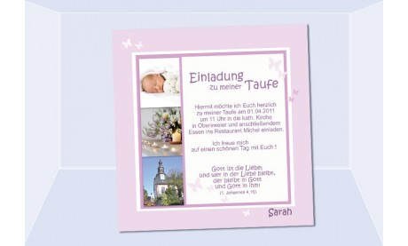 Einladung Taufe "Schmetterling", Taufeinladung, Fotokarte 10x10 cm, rosa