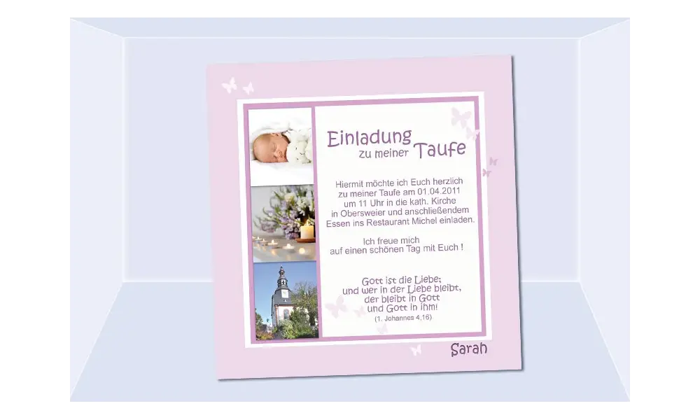 Einladung Taufe "Schmetterling", Taufeinladung, Fotokarte 10x10 cm, rosa
