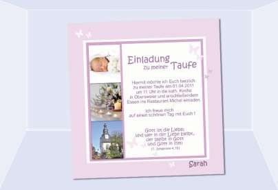 Einladung Taufe "Schmetterling", Taufeinladung, Fotokarte 10x10 cm, rosa
