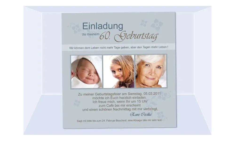 Einladung 60. Geburtstag, Fotokarte 12,5x12,5 cm, taube