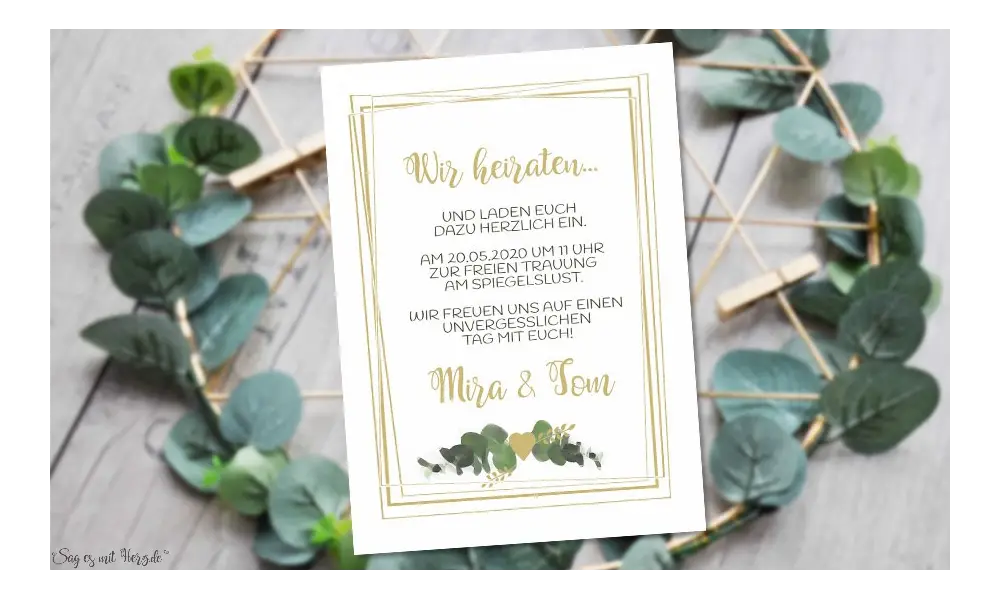 Einladung Hochzeit Eukalyptus gold