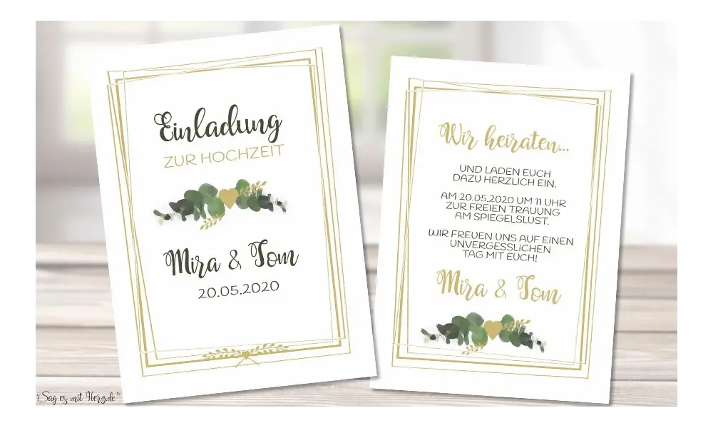Einladung Hochzeit Eukalyptus gold
