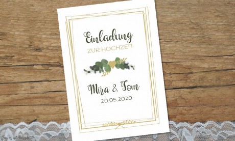 Einladung Hochzeit Eukalyptus gold