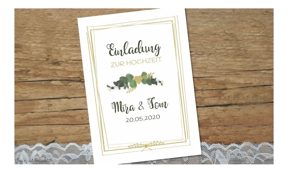 Einladung Hochzeit Eukalyptus gold