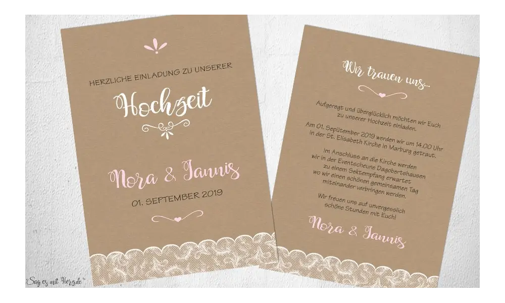 Einladungskarten Hochzeit Kraftpapier Spitze