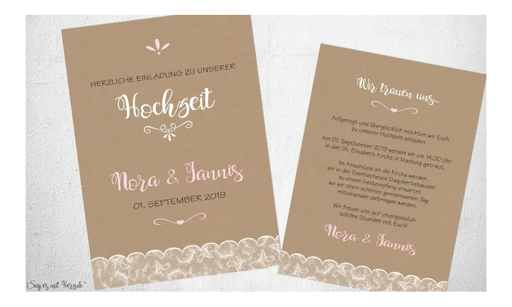 Einladungskarten Hochzeit Kraftpapier Spitze