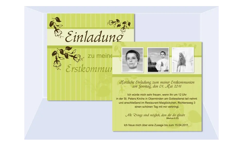 Einladung Kommunion / Konfirmation, Flachkarte 12,5x12,5 cm, grün