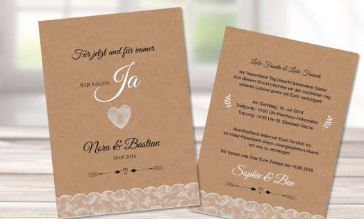 Einladungskarten Hochzeit Spitze Vintage Kraftpapier, Fingerprint