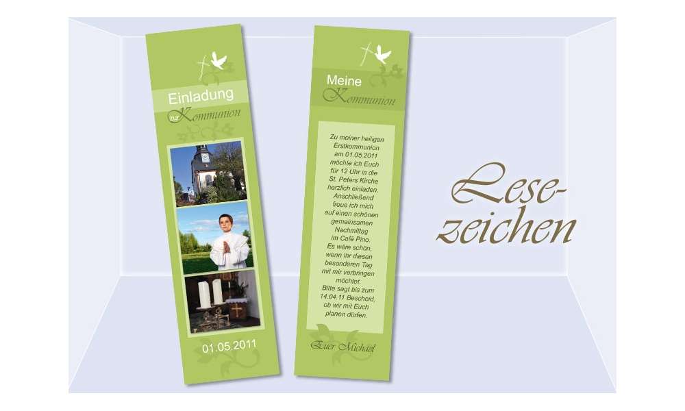 Lesezeichen Einladung Kommunion / Konfirmation, 5x20 cm, grün Lesezeichen Einladung Kommunion / Konfirmation, 5x20 cm, grün