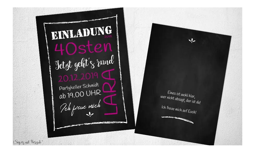 Einladungskarten 40. Geburtstag Tafel