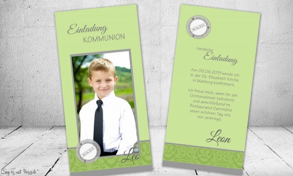 Einladungskarten Kommunion Konfirmation grün mit Foto