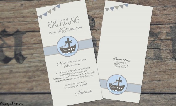 Einladungskarten Kommunion Konfirmation ohne Foto Boot Schiff